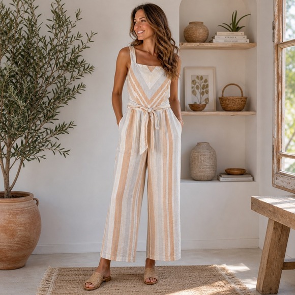Anthropologie Pants - Anthropologie Striped Cream & Tan Wide-Leg Linen Jumpsuit